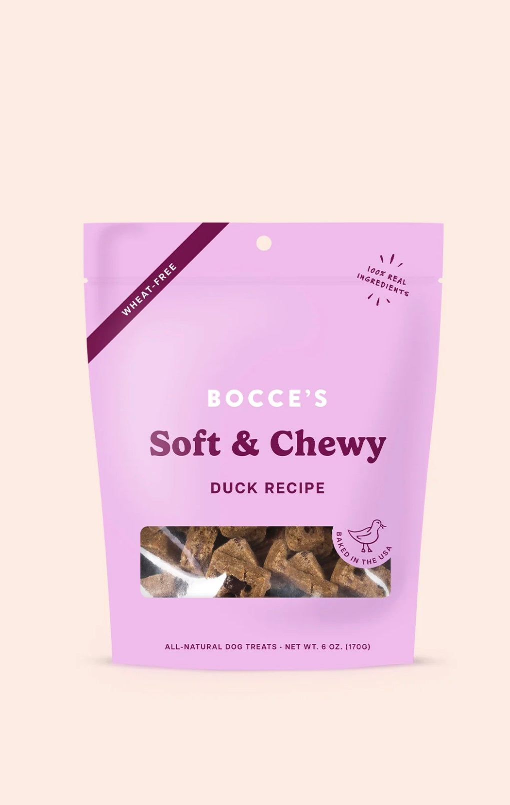 Bocce's Bakery Soft & Chewy Duck Recipe Dog Treats, 6oz pouch