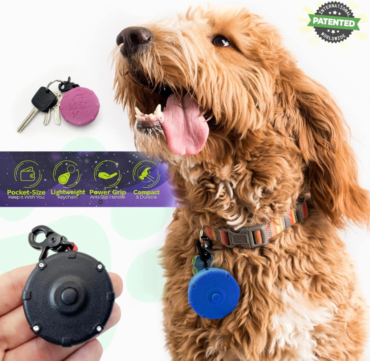 Lazy Leash. Pocket-Size Adjustable Power Leash. Clip-on Dog Lead.