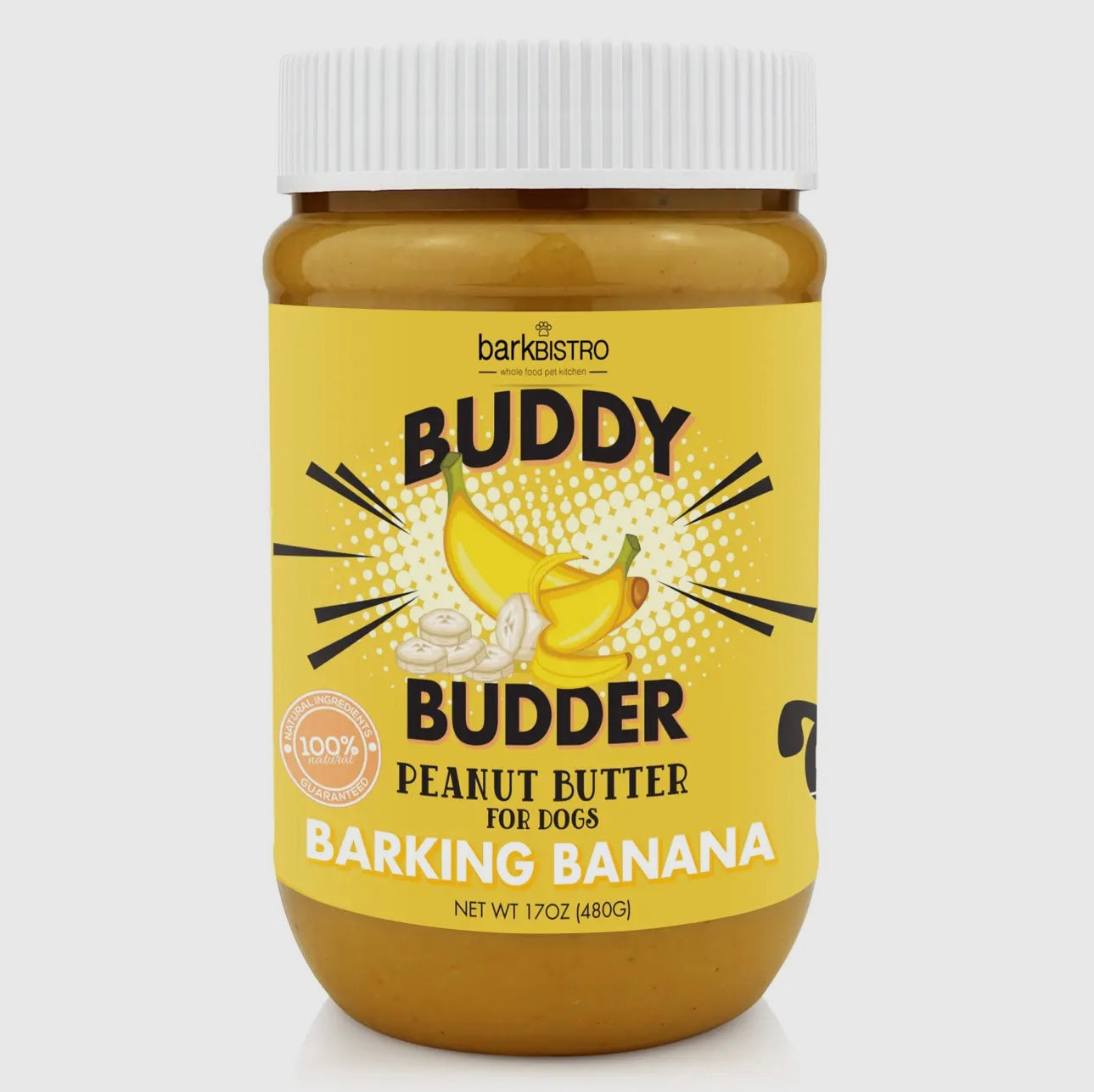 Bark Bistro Company Buddy Budder Barking Banana Peanut Butter Lickable Dog Treat, 17-oz jar