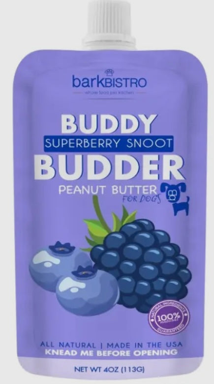 Bark Bistro Company Buddy Budder Superberry Snoot Peanut Butter Lickable Dog Treat, 4oz pouch