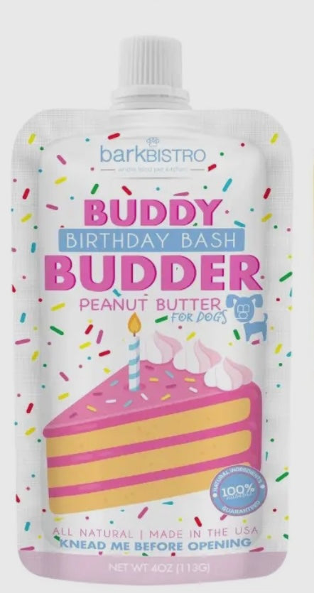 Bark Bistro Company Buddy Budder Birthday Bash Peanut Butter Lickable Dog Treat, 4oz pouch