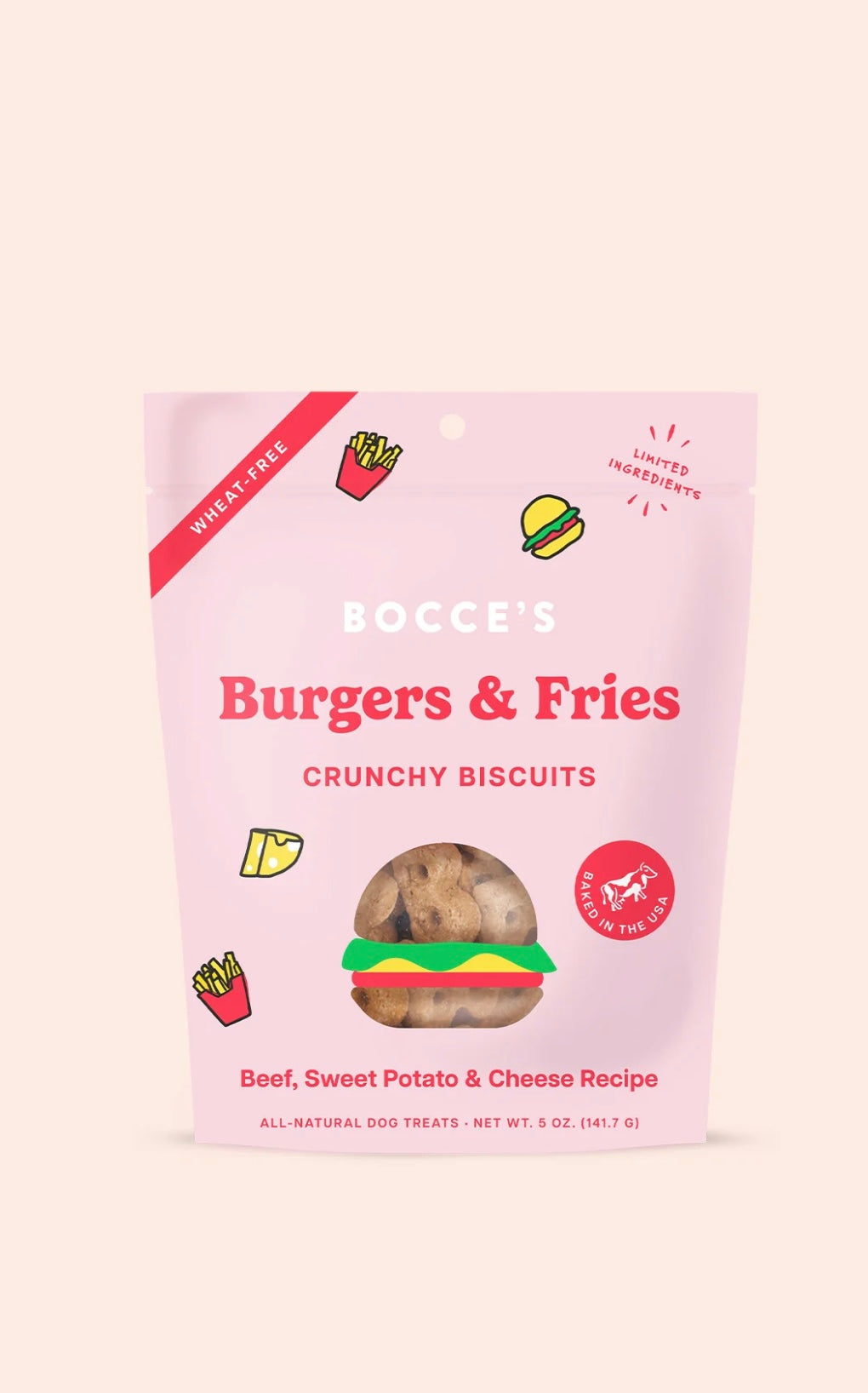 Bocce's Bakery Burgers & Fries Beef, Sweet Potatoes & Cheese Dog Treats, 5-oz bag